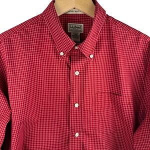 LL Bean Button Down Shirt Men Large Red White Gingham Plaid Long Sleeve Regular